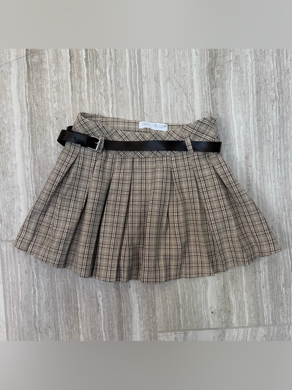 Zara Beige Plaid Pleated Mini Skirt with Black Belt Accent